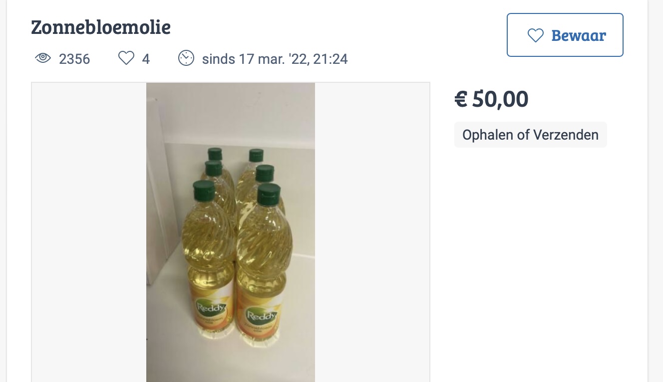 Nederlanders bieden zonnebloemolie tegen woekerprijzen aan op Marktplaats
