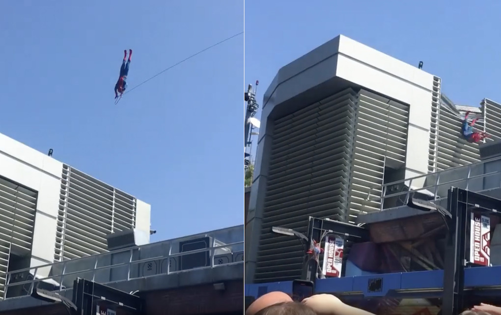 Spider-Man crasht keihard tegen een gebouw aan in themapark