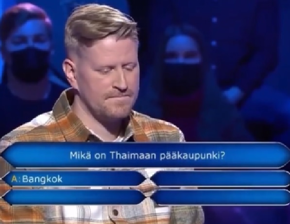 Finse deelnemer Weekend Miljonairs krijgt hilarische opties op vraag wat de hoofdstad van Thailand is