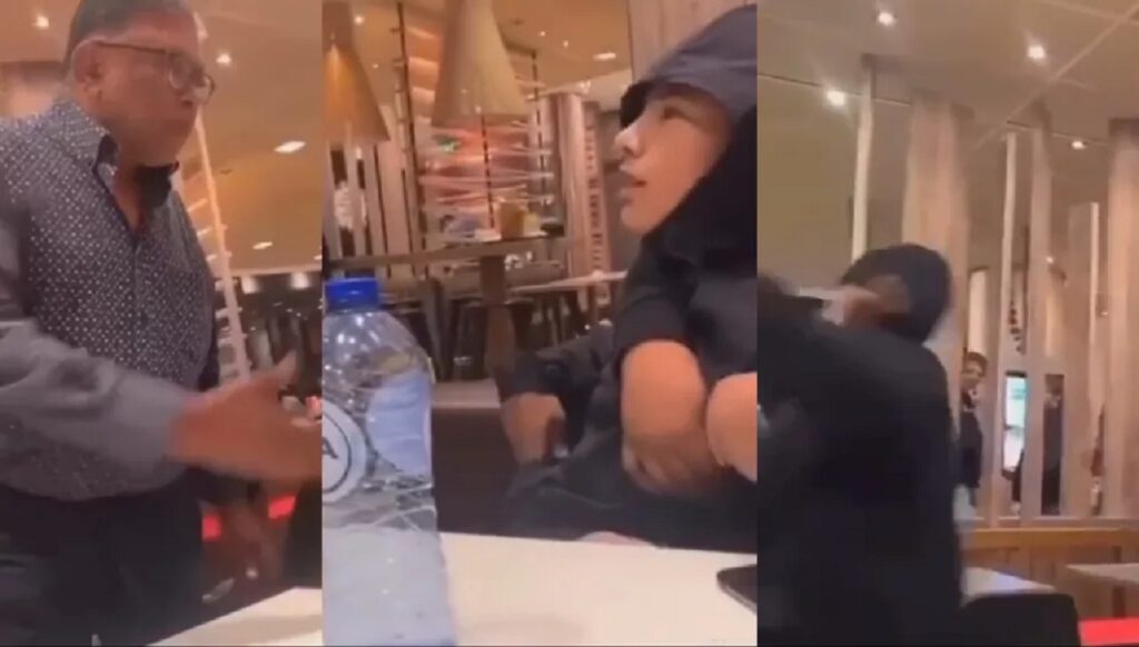 Lichtgetinte kneus mept oude man in elkaar in McDonald's (video)