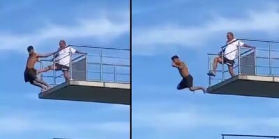 Badmeester trapt vervelende jongen van duikplank en alles is gefilmd