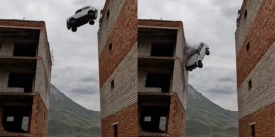 Stunt op flat gaat fout, auto met man erin stort naar beneden en alles wordt gefilmd