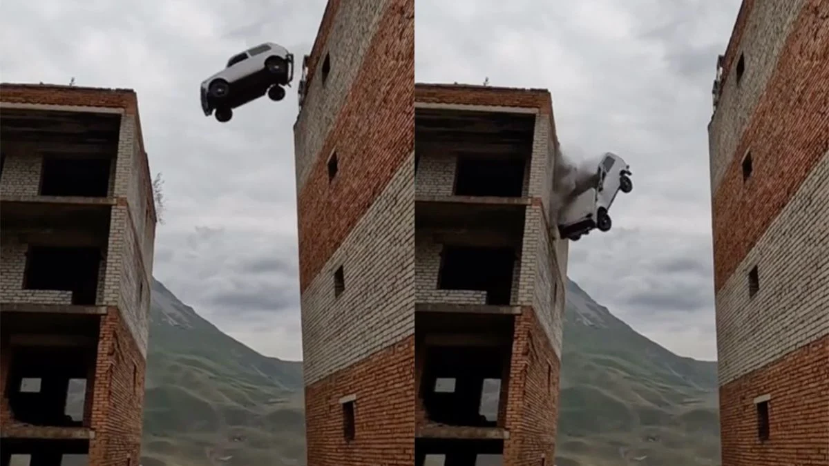 Stunt op flat gaat fout, auto met man erin stort naar beneden en alles wordt gefilmd