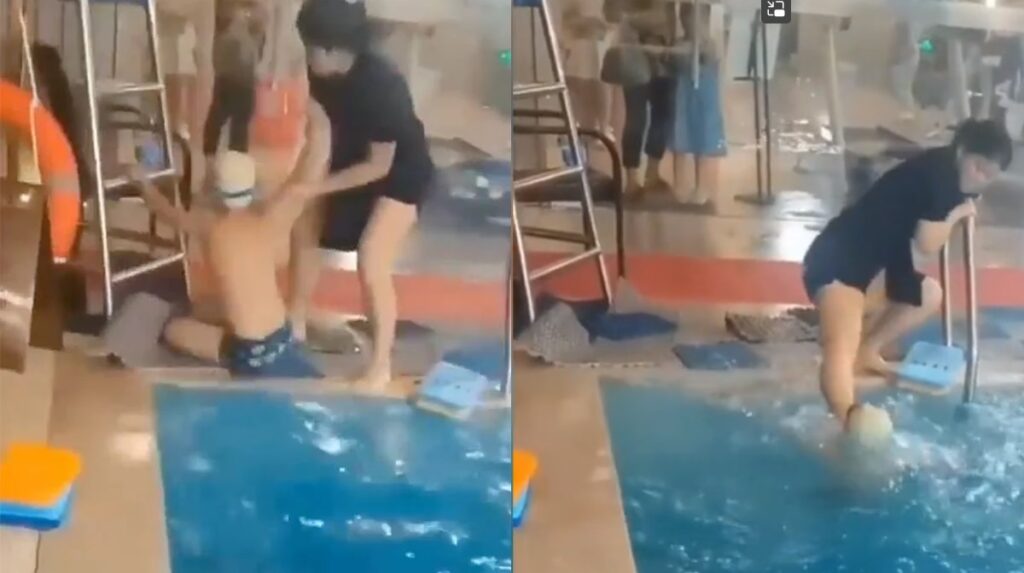 Badjuf is bang jongetje bij zwemles helemaal zat en schopt hem het water in
