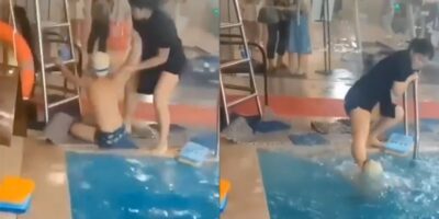 Badjuf is bang jongetje bij zwemles helemaal zat en schopt hem het water in