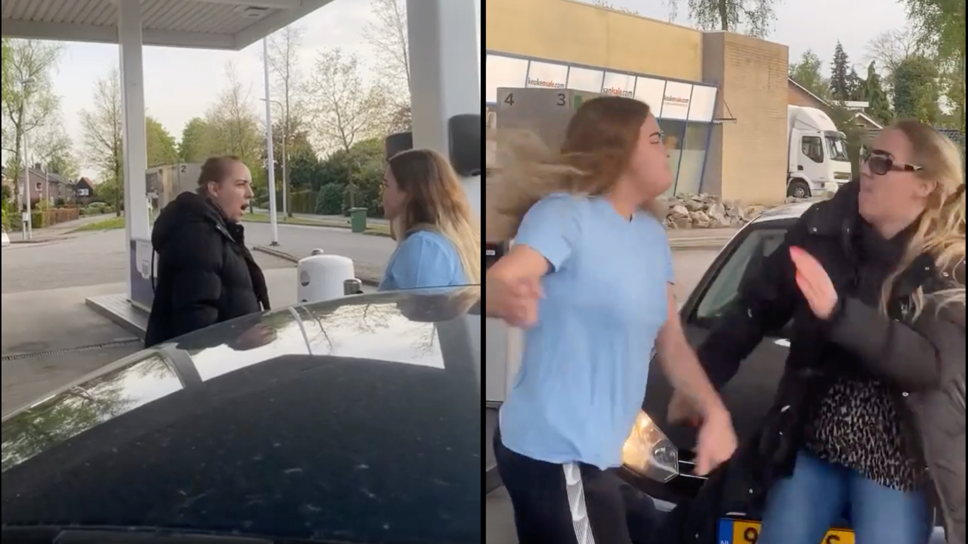 Pret bij tankstation: vrouw spuugt kind in gezicht terwijl vriend filmt